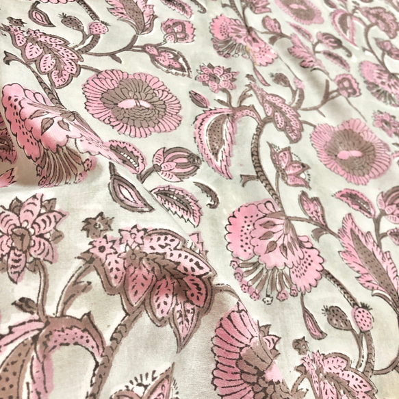 [50cm單位]深灰綠色灰色粉紅色花朵帶一隻耳朵圖案印度手工塊印花織物紡織品 第6張的照片