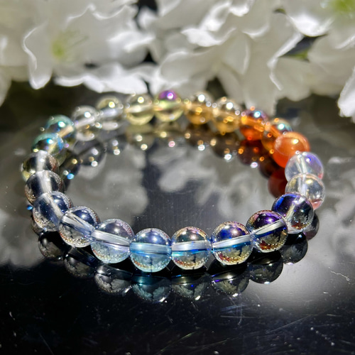 水晶オーラ系 虹色グラデーションブレス 8mm 内径 16cm 天然石 