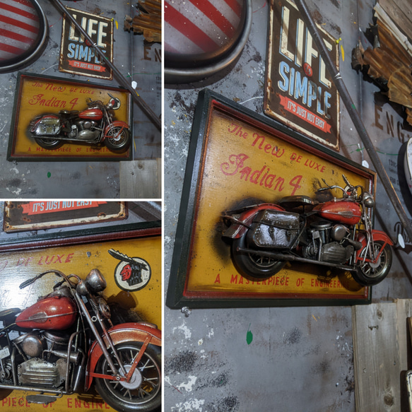 アメリカンな部屋/ 3D アンティークボード/ アメリカンバイク インディアン/ ブリキカー モデル/ #店舗什器 5枚目の画像