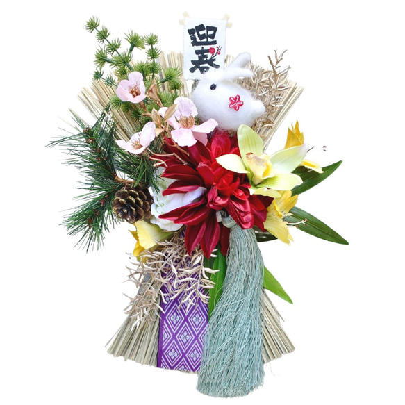 お花いっぱい！華やかお正月飾り 送料無料 卯年 お正月飾り 兎 壁掛け 掛け飾り うさぎ 蘭 ダリア タッセル ウサギ 6枚目の画像