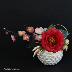 ・和風アレンジメント＜紅白 八重椿＞大小2個セット 麻柄花器 アーティフィシャルフラワー 6枚目の画像