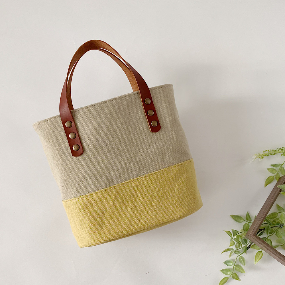 やわらか帆布の丸底トートバッグ　ミモザイエロー×ベージュ