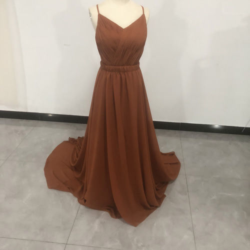 ふんわりシフォン製 テラコッタカラードレス Vネックドレス  