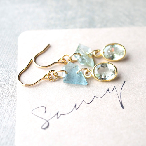 天然石 モスアクアマリンとグリーンサンストーンのピアス k14gf