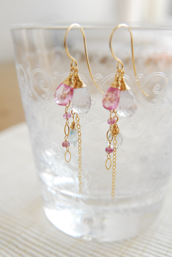 兩種鍊式耳環，粉色紫水晶和彩色寶石 14kgf 第5張的照片