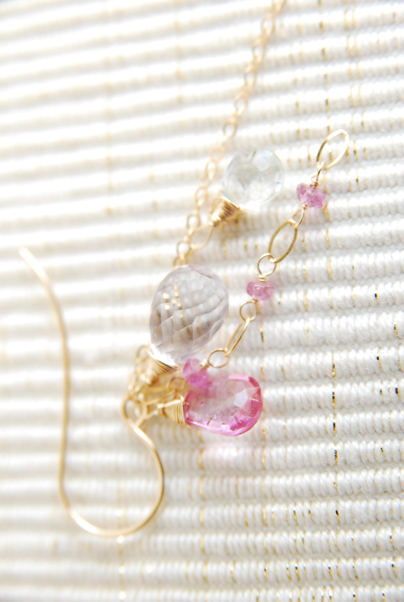 兩種鍊式耳環，粉色紫水晶和彩色寶石 14kgf 第4張的照片