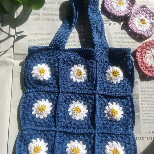 ブルー＊花柄レトロかぎ針編みバッグ(マチなし) トートバッグ fun