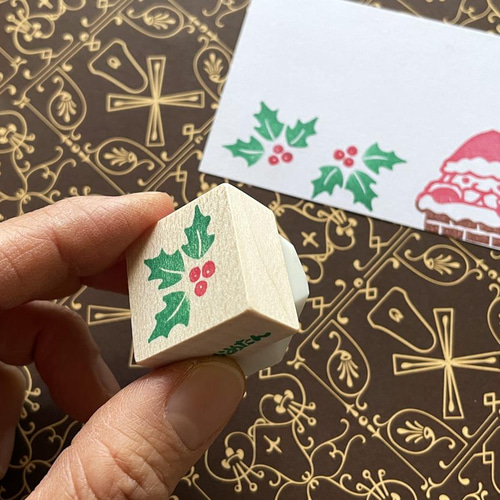 クリスマス 柊の消しゴムハンコ （持ち手付き） はんこ