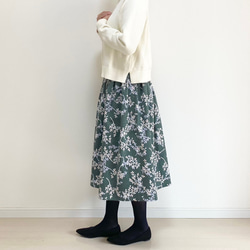 北欧リーフ柄 コーデュロイギャザースカート モスグリーン フレア
