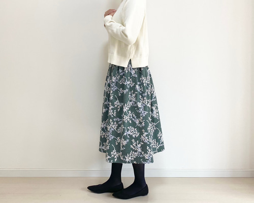北欧リーフ柄 コーデュロイギャザースカート モスグリーン フレア