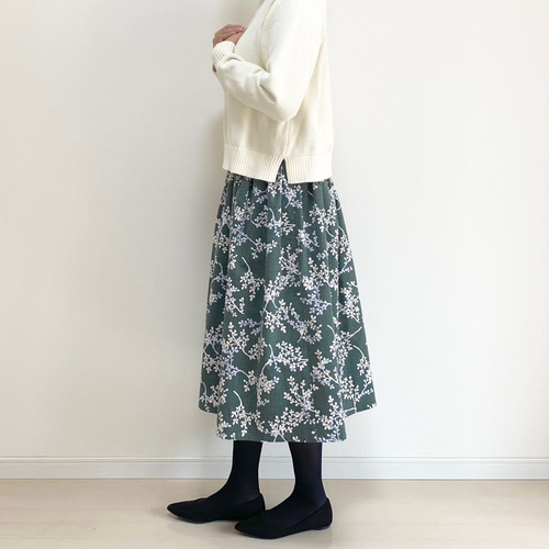北欧リーフ柄 コーデュロイギャザースカート モスグリーン フレア