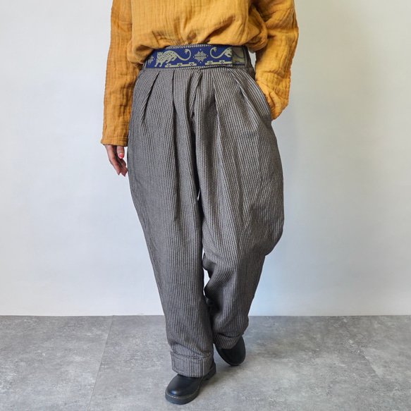 Yoroke 條紋 Sashiko 魔術貼褲子/咖啡棕色/Mikawa 棉 Sashiko 編織 第11張的照片