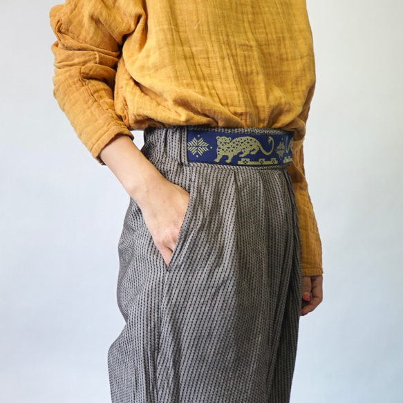 Yoroke 條紋 Sashiko 魔術貼褲子/咖啡棕色/Mikawa 棉 Sashiko 編織 第4張的照片