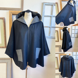 促銷價★ 人氣再次上架❤️ 羊毛材質雨披式蝙蝠派克大衣黑灰色（無尺碼L-LL） 第2張的照片