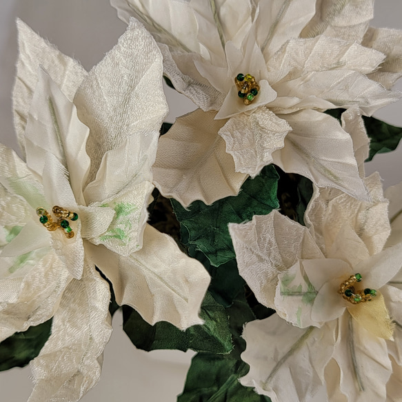白いポインセチア　鉢植え風 　布花 （正絹） 15枚目の画像