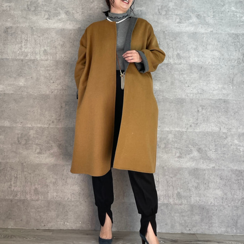 温かいのに軽やか リバーシブルウールコート グレー M~LL【FREE