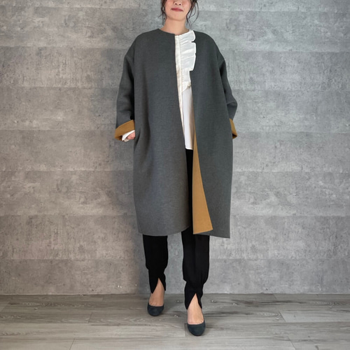 温かいのに軽やか リバーシブルウールコート グレー M~LL【FREE