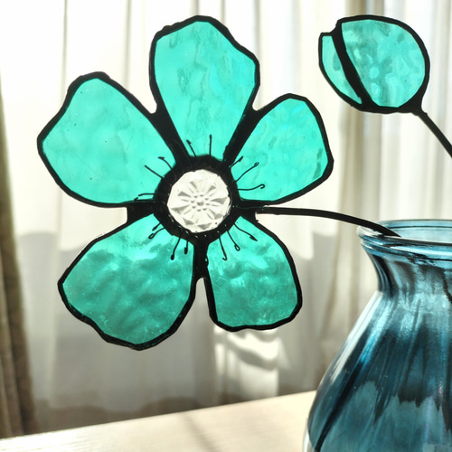 青いガラスの花 ステンドグラス ミントグリーン サン