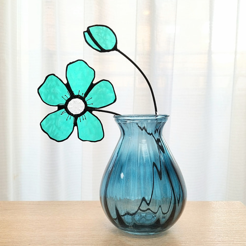 青いガラスの花 ステンドグラス ミントグリーン サン