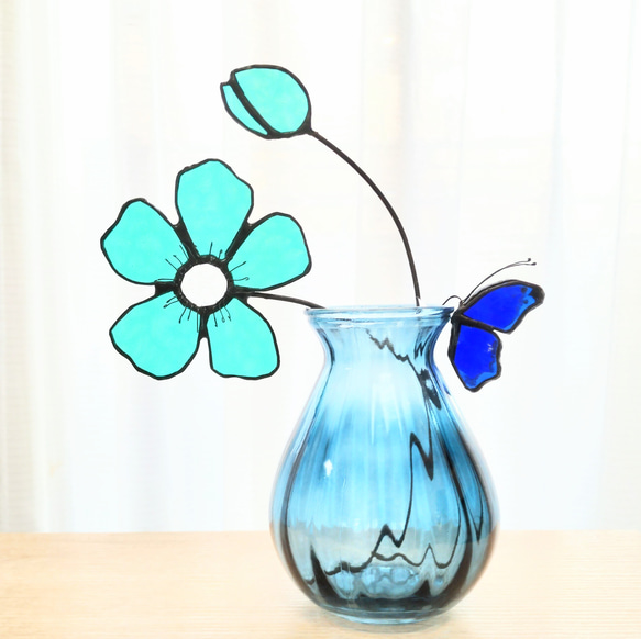 青いガラスの花　ステンドグラス ミントグリーン 3枚目の画像