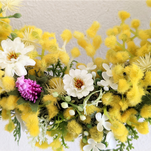 ナチュラルリース　母の日　お花　ミモザ  ハンドメイド　うさぎ　春　夏　玄関　兎 ナチュラルリース 母の日 お花 ミモザ ハンドメイド うさぎ 春
