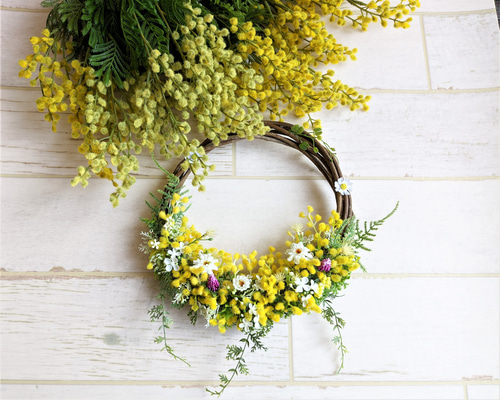 ナチュラルリース 母の日 お花 ミモザ ハンドメイド うさぎ 春