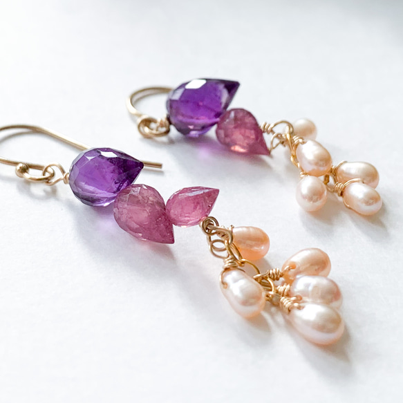 14kgf*紅寶石和紫水晶花蕾不對稱耳環*配淡水珍珠/耳釘 第5張的照片