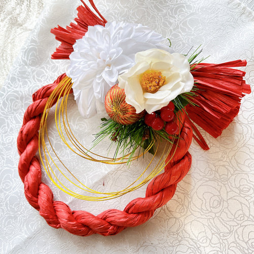 しめ縄リース　赤紫ダリア　小梅 しめ縄リース 赤紫ダリア 小梅