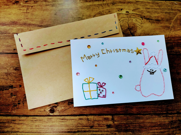 【クリスマス】紙刺繍メッセージカード(うさぎサンタ） 3枚目の画像