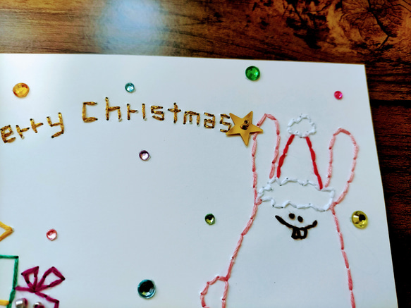 【クリスマス】紙刺繍メッセージカード(うさぎサンタ） 2枚目の画像