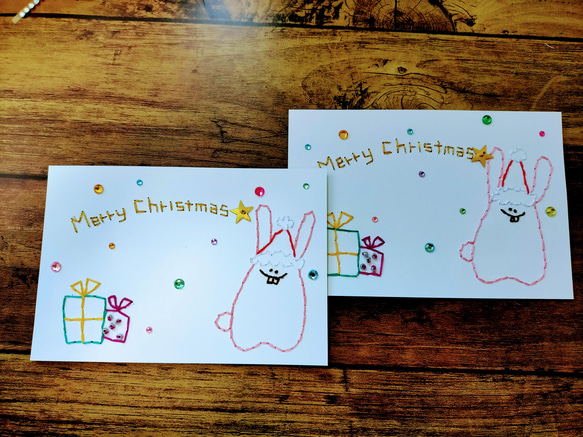 【クリスマス】紙刺繍メッセージカード(うさぎサンタ） 4枚目の画像