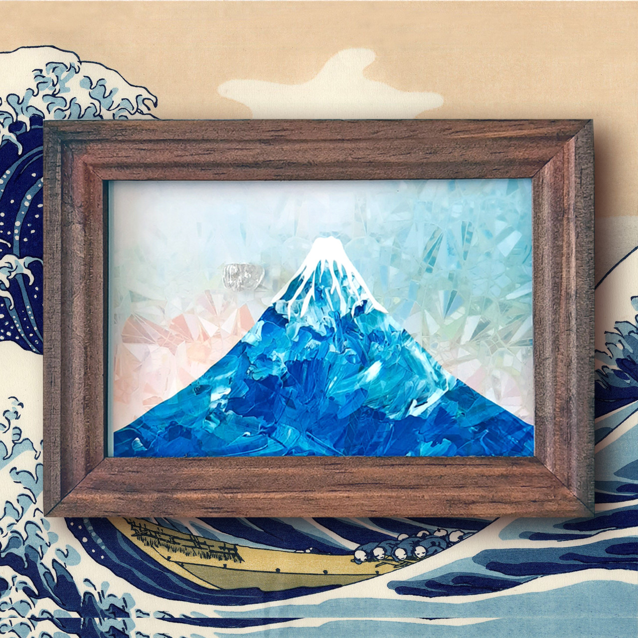 静寂の青『満月と夜の富士山』●AIアート和紙20枚限定A4額装品がんどうあつし作