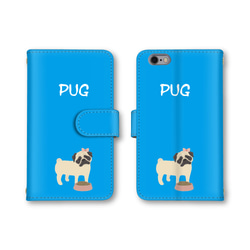 送料無料 スマホケース 手帳型 スマホカバー ブルー 犬 パグ 英字 iPhone android 2枚目の画像