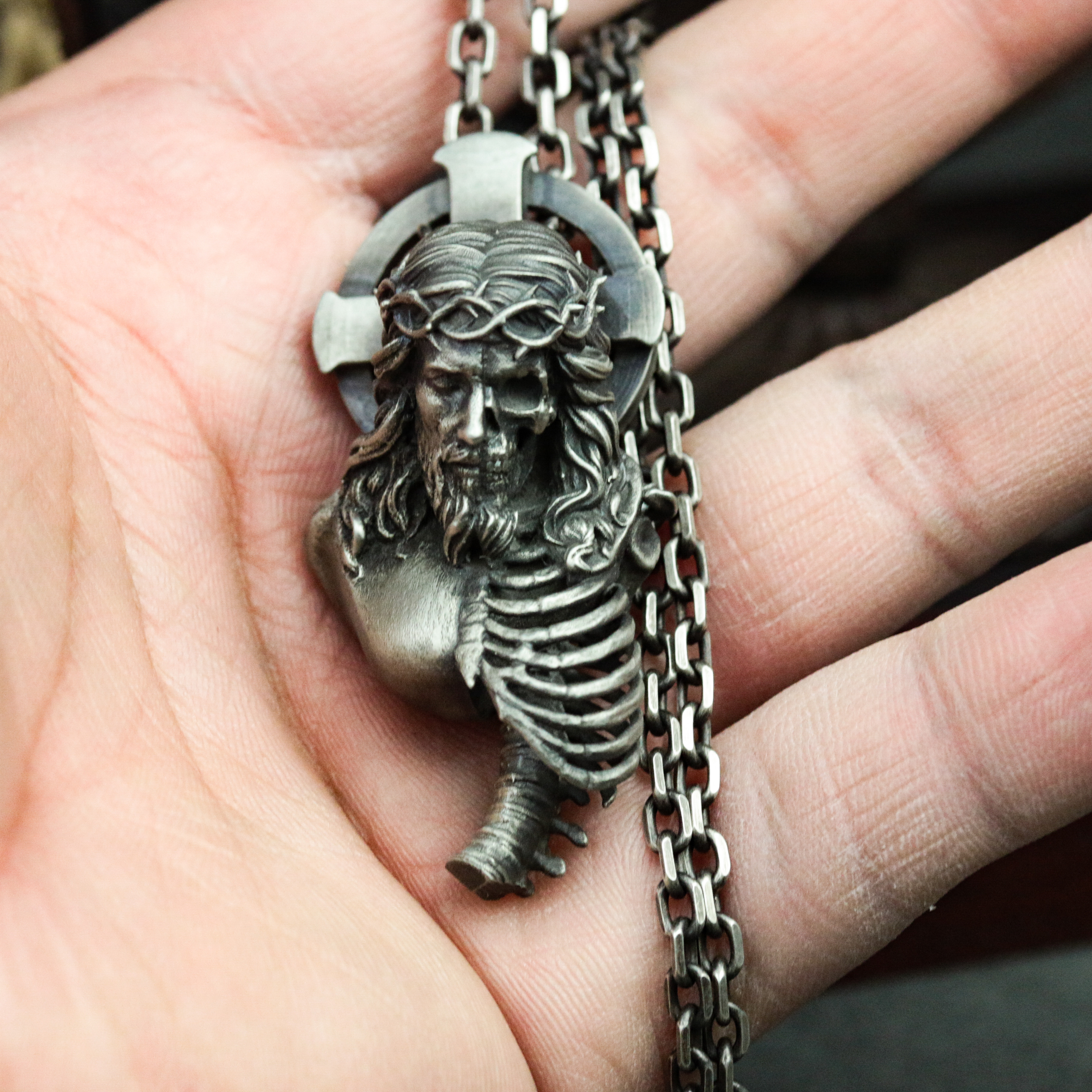 聖金曜日 925 シルバー ペンダント ネックレス、神と悪魔のキリスト教信仰、メンズ スターリング シルバー ジュエリー