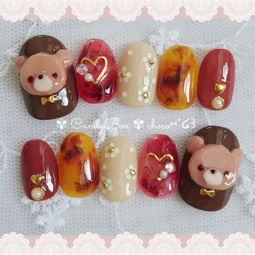 サイズオーダー♡ フリル× ビジューハートネイルチップ ピンクブラウン  