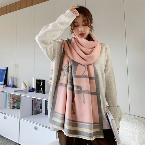 ストール マフラー 馬柄 ピンク ストール 大判 ショールカシミヤ混