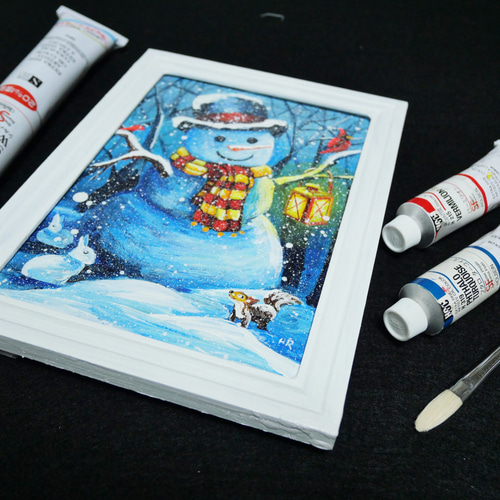 「高評価！」注目のレビュ 油絵 絵画【雪だるま】 絵画 HR 通販 14982107｜Creema(クリーマ) 絵画
