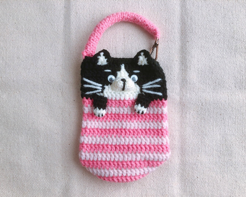 ピンクの猫様ルネ　ツイード小物セット　ペットボトルホルダー　ランチバッグ　ポーチ ピンクの猫様ルネ ツイード小物セット ペットボトルホルダー