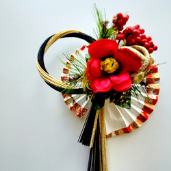 黒金水引結び注連縄白扇赤椿 しめ縄 正月 正月飾り 正月リース しめ縄