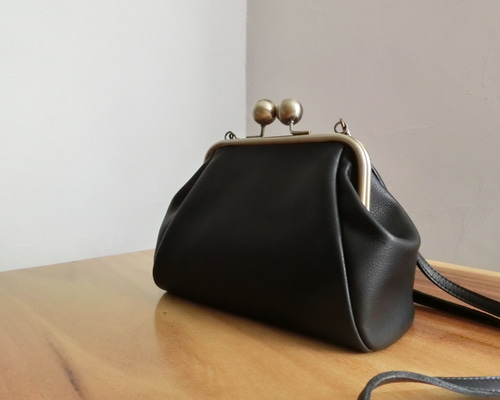 がま口バッグ （シルバー／ゴールド）ストラップ2種付 大玉がま口の革バッグ （18㎝口金サイズ） ショルダーバッグ