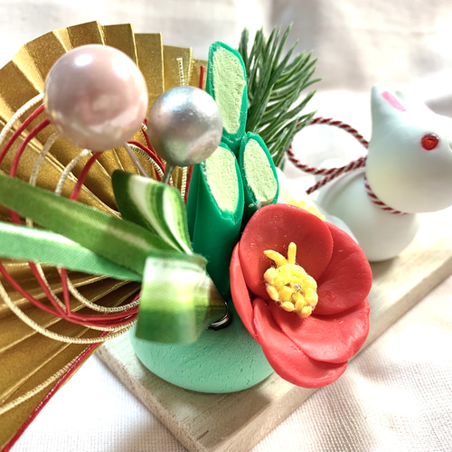 ☆椿と門松とうさぎちゃんのお正月飾り(受注生産) 樹脂粘土 置物