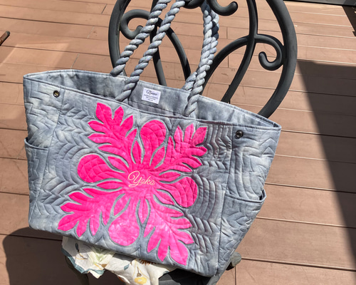 ハワイアンキルト パンの木の大きめトートバックグレーピンクD トート