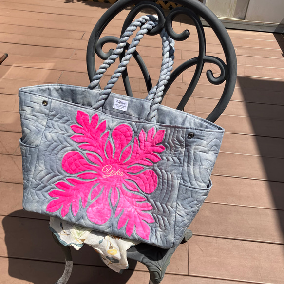 ハワイアンキルト パンの木の大きめトートバックグレーピンクD トート