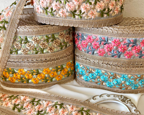 50cm インド刺繍リボン チュール 小花柄 #pw19 リボン・テープ La