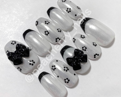 ネイルチップ フレンチ ガーリー リボン シンプル 韓国 ワンホン 量産