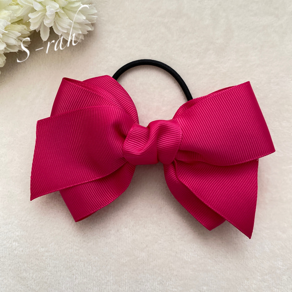 再販］ふんわり かわいい♡ リボン 《ショッキングピンク》 ヘアゴム S