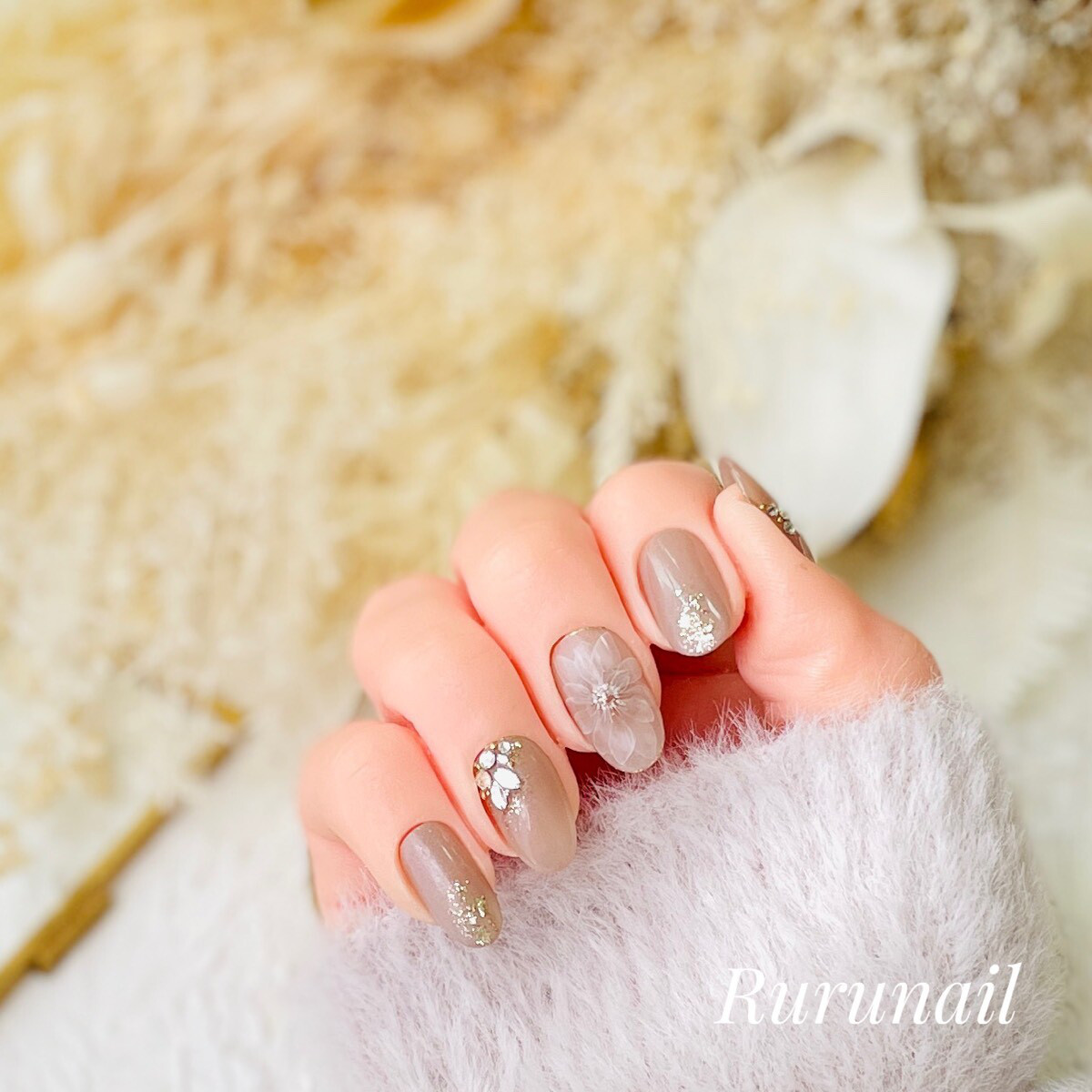 ネイルチップ/透けフラワー/ビジュー/ブライダル/パール/581