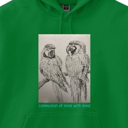 フーディー　トレーナー　フード付き　前ポケット付き　緑　グリーン　インコ　鳥　鳥好き　アウトドア　グランピング 1枚目の画像