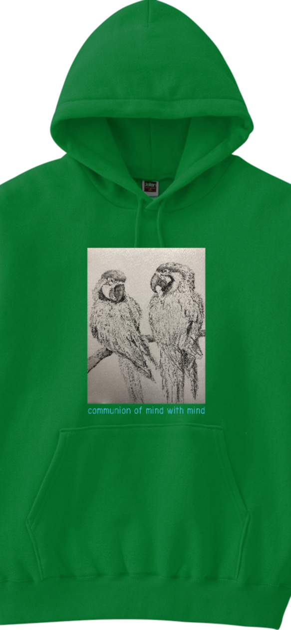 フーディー　トレーナー　フード付き　前ポケット付き　緑　グリーン　インコ　鳥　鳥好き　アウトドア　グランピング 1枚目の画像