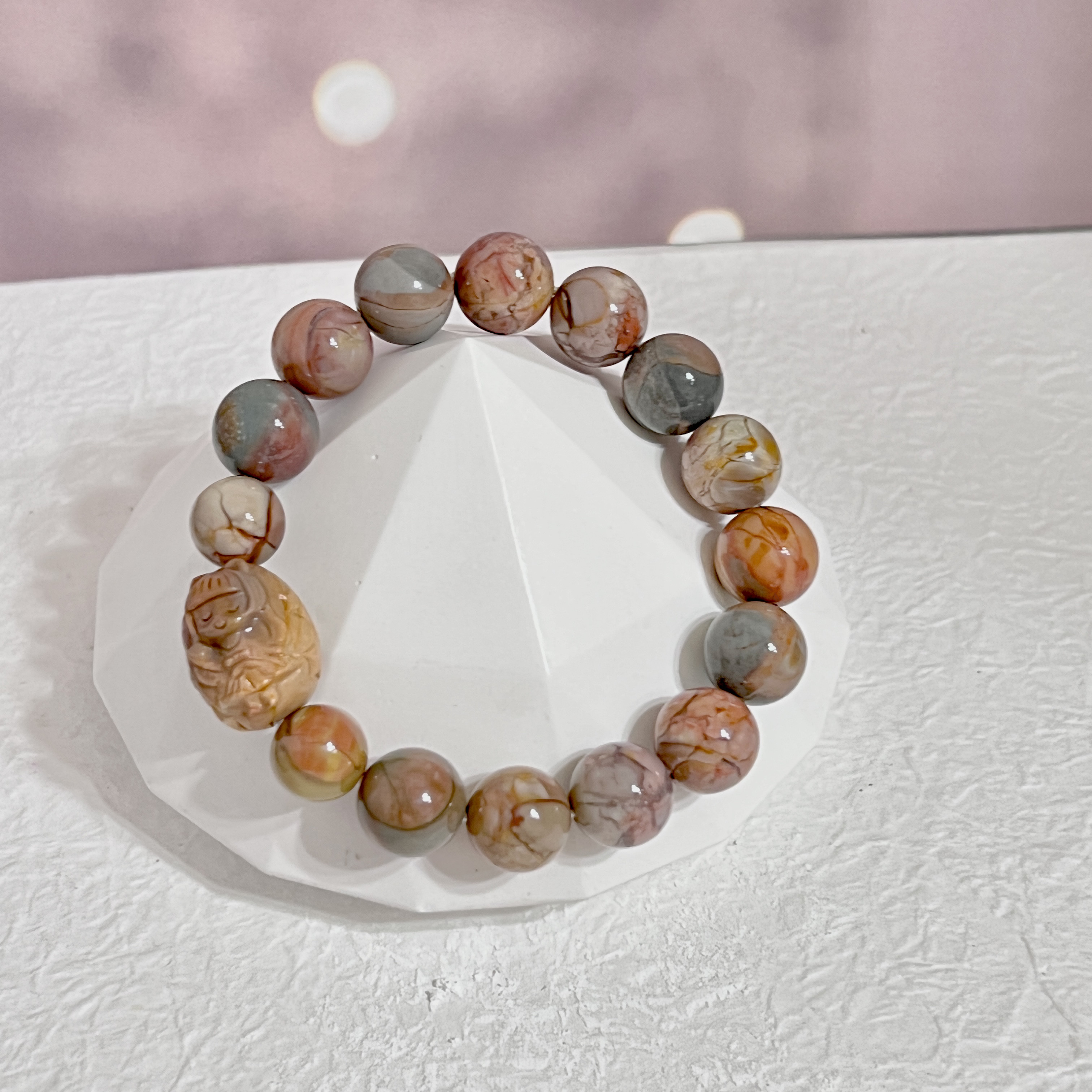 稀少なカラフル爆裂模様　アラシャンアゲートブレスレット　天然石　彫刻　油絵